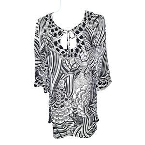 Trina Turk Black White Floral Cotton Silk Tunic Swim Cover Up Mini Dress Medium